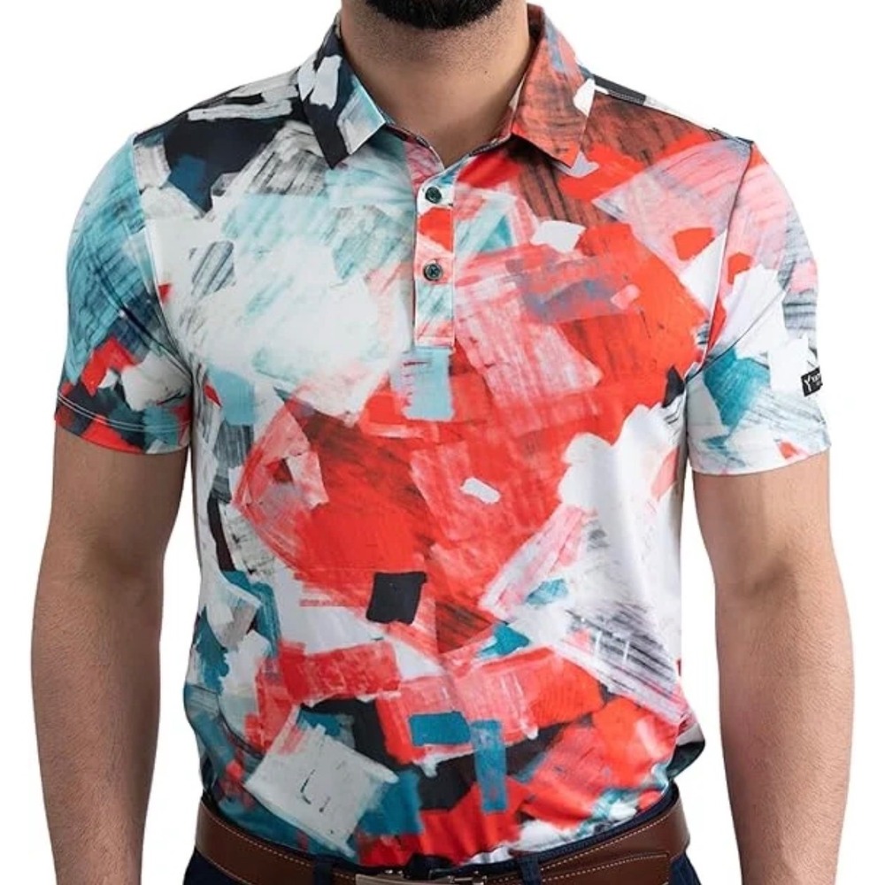 Yatta Golf Mens Abstract Brushstroke Performance Polo Shirt Red White Size M